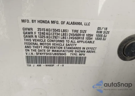 2018 Honda Pilot Ex из США, поврежденный, VIN 5FNYF5H37JB026045